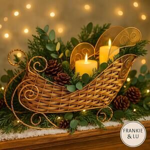 Gold Wire Christmas Sleigh Basket Centerpiece – Scroll Runners, Glitter Mesh